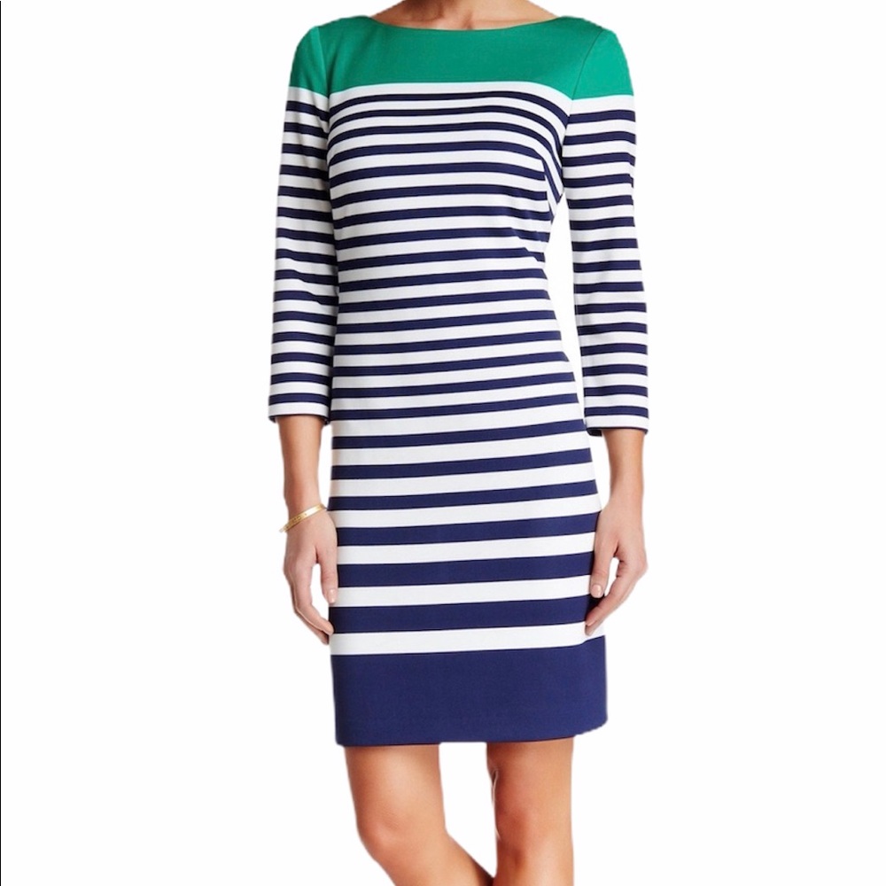 Design History Light Sweater Dress Sz M Sheath Striped Midi 3/4 Sleeve NWT